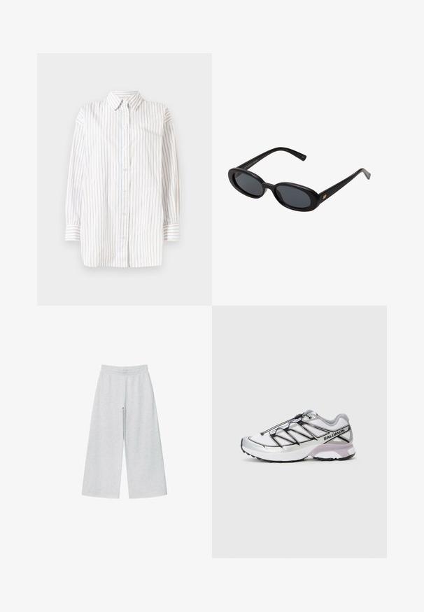 Svetlosivý skrátený kardigan s dlhými rukávmi, okrúhlym výstrihom a piatimi prednými gombíkmi na bielom pozadí.; Košela na gombíky s dlhými rukávmi, zdobená vertikálnymi pruhmi v bielej, svetlomodrej a svetloružovej farbe. Ľahká tkanina s golierom.; Svetlo šedé nohavice s širokými nohavicami vyrobené z mäkkej látky s elastickým pásom. Dizajn má voľný strih pre pohodlie a ľahký pohyb.; Bežecká obuv s ľahkým bielym sieťovaným zvrškom, striebornými akcentmi a čiernym šnurovacím systémom; obsahuje štruktúrovanú podrážku pre trakciu.; Čierne oversized slnečné okuliare s oválnymi šošovkami, hladkým plastovým rámom a zlatými akcentmi na straniciach. Tmavé šošovky poskytujú ochranu pred slnkom.; Šedý vlnený šál s jemnou textúrou, obdĺžnikovým tvarom a strapcovými koncami, vhodný na zahriatie a vrstvenie v chladnejšom počasí.; Hnedá tmavá semišová kabelka cez rameno s nastaviteľným popruhom, kovovými časťami v zlatom tóne a veľkým predným prekrytím na zapínanie.