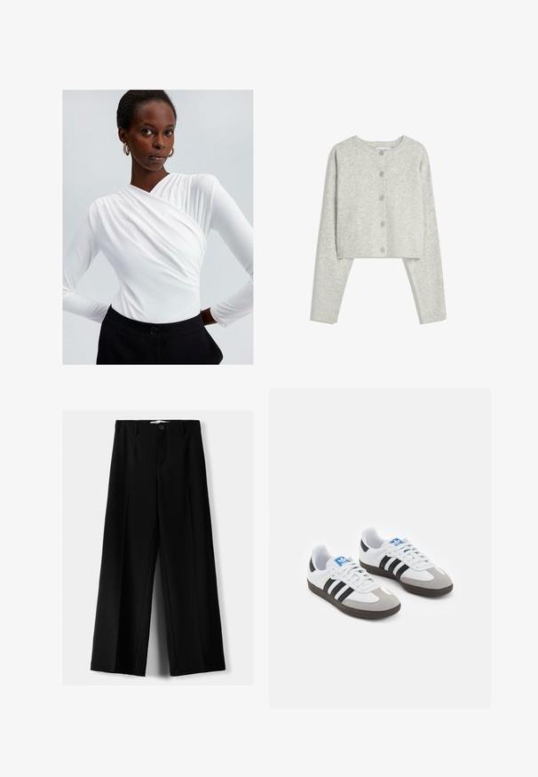 Light gray cropped cardigan with long sleeves, round neckline, and five front buttons on a white background.; White long-sleeve top with a wrap design and gathered detail at the shoulder, paired with high-waisted black trousers featuring a button closure.; Black wide-leg trousers made of lightweight fabric, featuring a front button closure and flat front, with neatly stitched hems.; Sport shoes with a white leather upper, gray suede toe, and three black stripes. Features a blue logo on the tongue and a textured rubber sole.