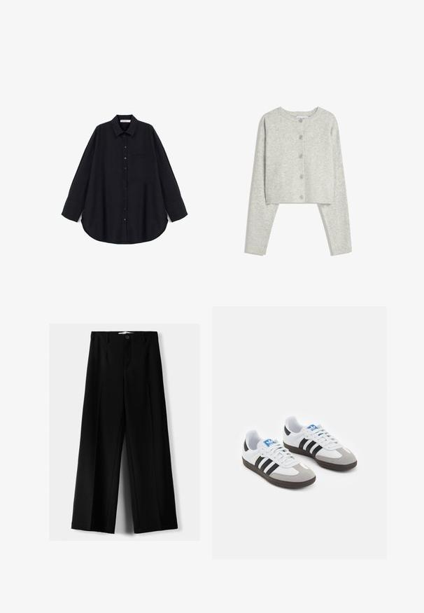 Lys grå cropped cardigan med lange ærmer, rund halsudskæring og fem frontknapper på en hvid baggrund.; Sort skjorte med knaplukning lavet af et tekstureret stof. Har en spids krave, lange ærmer, en brystlomme og en buet nederkant.; Sorte brede bukser lavet af letvægtsstof, med frontknaplukning og glat front, samt pænt syede kanter.; Sportsko med en overdel i hvid læder, grå ruskind på tåen og tre sorte striber. Har et blåt logo på tungen og en struktureret gummisål.