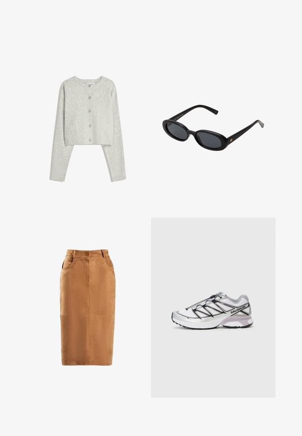 Lichtgrijze geknipte cardigan met lange mouwen, ronde halslijn en vijf voorknopen op een witte achtergrond.; Witte katoenen tanktop met een ribbeltextuur, mouwloos ontwerp en ronde hals. Beschikt over een label aan de nek met de tekst "WEEKDAY."; Bruine suede kokerrok met een hoge taille, knopen aan de voorkant, twee zijzakken en verticale naden. Gladde textuur.; Hardloopschoen met een lichtgewicht, witte mesh bovenkant, zilveren accenten en een zwart vetersysteem; heeft een gestructureerde zool voor grip.; Zwarte oversized zonnebril met ovale lenzen, een glad plastic montuur en gouden accenten op de pootjes. Donkere lenzen bieden bescherming tegen de zon.; Grijze wollen sjaal met een zachte textuur, rechthoekige vorm en franjes aan de uiteinden, geschikt voor warmte en het dragen in koudere weersomstandigheden.; Donkerbruine suède schoudertas met verstelbare riem, hardware in goudkleur en een groot voorflapsluiting.