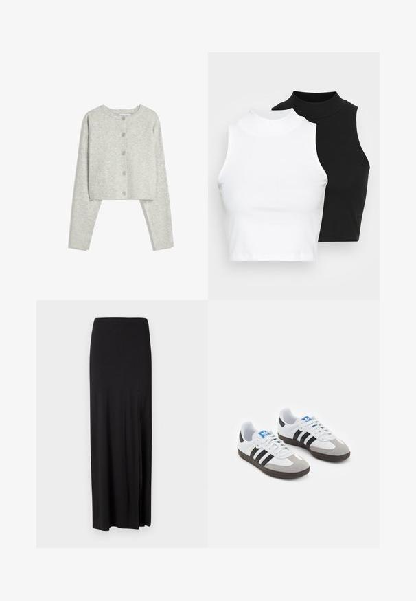 Light gray cropped cardigan with long sleeves, round neckline, and five front buttons on a white background.; Two sleeveless ribbed turtleneck tops in black and white, featuring a fitted design and smooth texture, with cropped length.; Black maxi skirt made of soft, stretchy material. Features a side slit and a simple, streamlined design with no embellishments.; Sport shoes with a white leather upper, gray suede toe, and three black stripes. Features a blue logo on the tongue and a textured rubber sole.