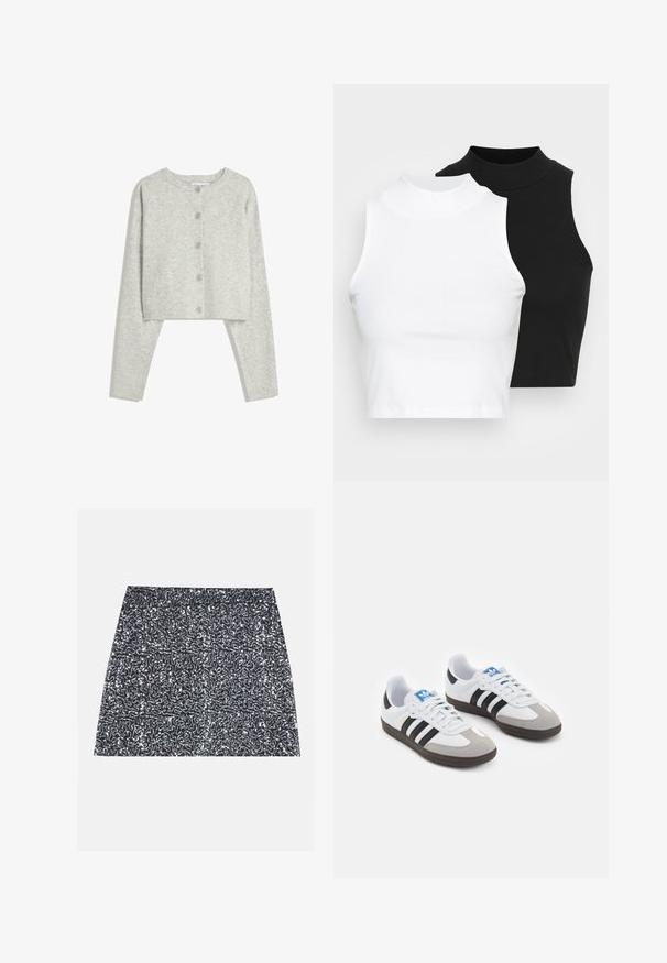 Svetlosivý skrátený kardigan s dlhými rukávmi, okrúhlym výstrihom a piatimi prednými gombíkmi na bielom pozadí.; Dve bezrukávové rebrované roláky v čiernej a bielej farbe, pričom majú priliehavý strih a hladkú textúru, s krátkou dĺžkou.; Strieborná mini sukňa s flitrami s textúrovaným vzorom a rovný strih. Tkanina vyzerá lesklá a odrazivá.; Športové topánky s bielym koženým zvrškom, šedou semišovou špičkou a tromi čiernymi pruhmi. Obsahujú modré logo na jazyku a štruktúrovanú gumovú podrážku.