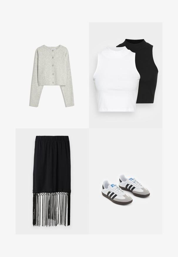Svetlosivý skrátený kardigan s dlhými rukávmi, okrúhlym výstrihom a piatimi prednými gombíkmi na bielom pozadí.; Dve bezrukávové rebrované roláky v čiernej a bielej farbe, pričom majú priliehavý strih a hladkú textúru, s krátkou dĺžkou.; Čierna sukňa s elastickým pásom a strapcovým lemom. Strapce sú vyrobené z tenkých šnúr, čo pridáva textúru a detail k dizajnu.; Športové topánky s bielym koženým zvrškom, šedou semišovou špičkou a tromi čiernymi pruhmi. Obsahujú modré logo na jazyku a štruktúrovanú gumovú podrážku.