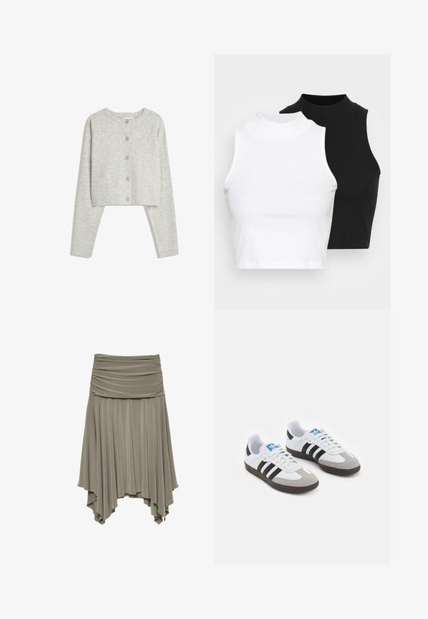 Cardigan cropped grigio chiaro con maniche lunghe, scollo rotondo e cinque bottoni frontali su uno sfondo bianco.; Due top in maglia senza maniche, a collo alto, in nero e bianco, con un design aderente e una superficie liscia, di lunghezza cropped.; Gonna arricciata e asimmetrica in morbido tessuto grigio. Caratterizzata da una vita arricciata e un orlo fluido e drappeggiato con una silhouette unica.; Scarpe sportive con tomaia in pelle bianca, punta in suede grigia e tre strisce nere. Presentano un logo blu sulla linguetta e una suola in gomma testurizzata.