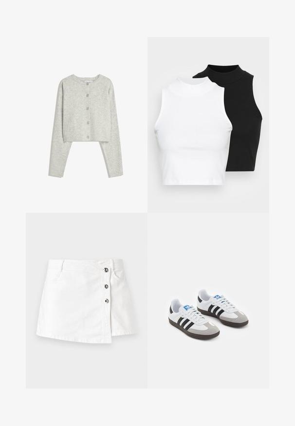 Ljusgrå kort cardigan med långa ärmar, rund halsringning och fem framknappar på en vit bakgrund.; Två ärmlösa ribbade polotröjor i svart och vitt, med en figursydd design och slät textur, i en kortad längd.; Vit denim mini kjol med rak skärning, med sidoknäppning och fyra metallknappar samt en diskret rullad fåll.; Sportskor med överdel i vit läder, grå mocka på tårna och tre svarta ränder. Har en blå logotyp på tungan och en texturerad gummisula.