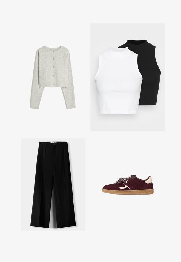 Lichtgrijze geknipte cardigan met lange mouwen, ronde halslijn en vijf voorknopen op een witte achtergrond.; Twee mouwloze ribgebreide coltruien in zwart en wit, met een slim fit ontwerp en een gladde textuur, met een cropped lengte.; Zwarte wijde broek van lichtgewicht stof, met een knoopsluiting aan de voorkant en een vlakke achterkant, afgewerkt met keurig gestikte zoom.; Donkerrode suède sneaker met een crèmekleurig accent en een patroonveter, voorzien van een lage profielzool, rubberen buitenzool en gestikte details.