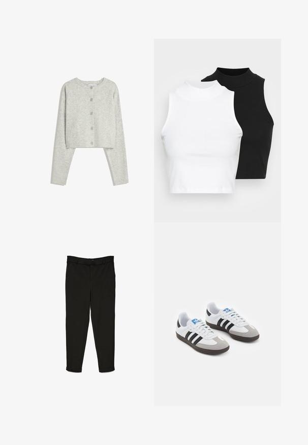 Vaaleanharmaa lyhyt neuletakki pitkilla hihoilla, pyöreä pääntie ja viisi nappia edessä valkoista taustaa vasten.; Kaksi hihattomaa ribattua kauluspaitaa mustana ja valkoisena, joissa on istuva muotoilu ja sileä rakenne, sekä lyhyt pituus.; Mustat housut kudotusta kankaasta, joissa on suoraleikkainen malli, suora etuosa ja nilkoissa olevat kalvosimet virtaviivaisen ilmeen luomiseksi.; Urheilukengät, joissa on valkoinen nahkainen päällinen, harmaa mokkanokka ja kolme mustaa raitaa. Ominaisuuksina sininen logo kielekkeessä ja kuvioitu kumipohja.