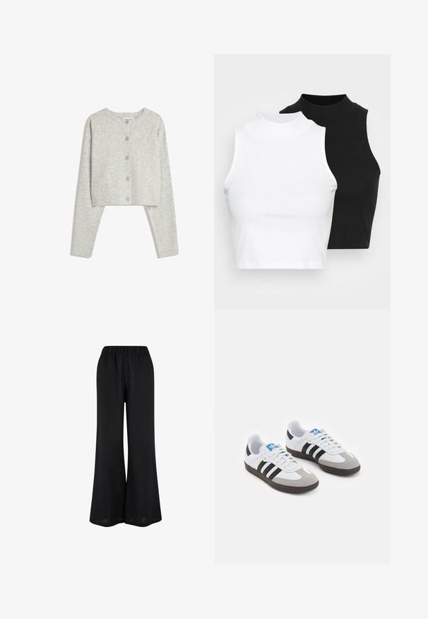 Lichtgrijze geknipte cardigan met lange mouwen, ronde halslijn en vijf voorknopen op een witte achtergrond.; Twee mouwloze ribgebreide coltruien in zwart en wit, met een slim fit ontwerp en een gladde textuur, met een cropped lengte.; Zwarte wijde broek van een lichtgewicht stof. Heeft een elastische tailleband en een vloeiende ontwerp tot op de vloer.; Sportschoenen met een witte leren bovenkant, grijze suède neus en drie zwarte strepen. Bevat een blauw logo op de tong en een gestructureerde rubberen zool.