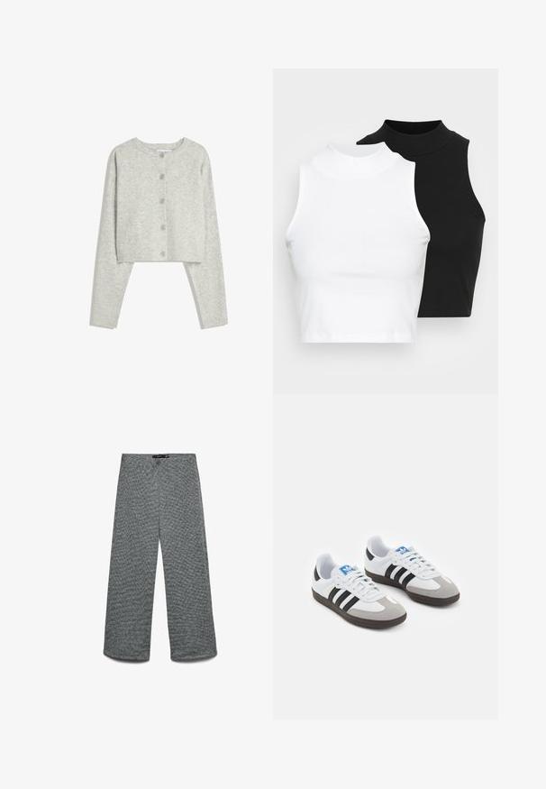 Hellgrauer, kurzer Cardigan mit langen Ärmeln, rundem Halsausschnitt und fünf vorderen Knöpfen auf einem weißen Hintergrund.; Zwei ärmellose, gerippte Rollkragenoberteile in Schwarz und Weiß, mit einer figurbetonten Passform und glatter Textur sowie einer cropped Länge.; Weite Hose aus einem strukturierten grauen Strickstoff. Mit hohem Bund und geraden Beinen für eine entspannte Passform.; Sportschuhe mit einem Obermaterial aus weißem Leder, grauer Wildleder-Zehenkappe und drei schwarzen Streifen. Sie verfügen über ein blaues Logo auf der Zunge und eine strukturierte Gummisohle.