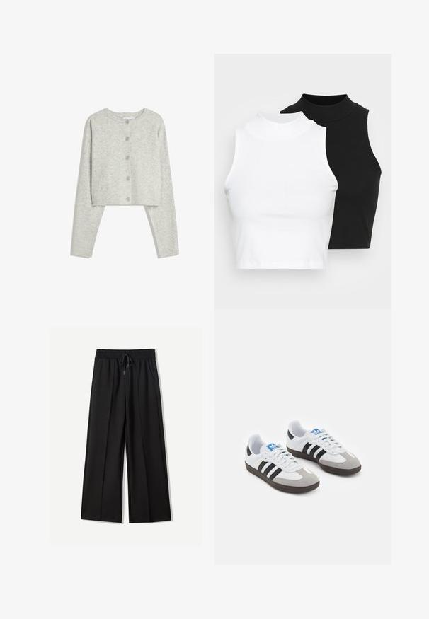 Jasnoszara krótka kardigan z długimi rękawami, okrągłym dekoltem i pięcioma guzikami z przodu na białym tle.; Dwa bezrękawnikowe golfy w kolorze czarnym i białym, charakteryzujące się dopasowanym fasonem i gładką teksturą, o skróconej długości.; Czarne spodnie szerokie w nogawkach, wykonane z miękkiego materiału. Posiadają elastyczny pas z możliwością regulacji oraz dwie boczne kieszenie. Gładki przód z zakładkami.; Buty sportowe z białą skórzaną cholewką, szarym zamszowym noskiem i trzema czarnymi paskami. Posiadają niebieskie logo na języku oraz teksturowaną gumową podeszwę.