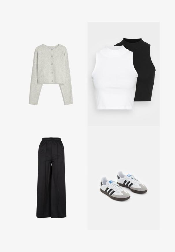 Lichtgrijze geknipte cardigan met lange mouwen, ronde halslijn en vijf voorknopen op een witte achtergrond.; Twee mouwloze ribgebreide coltruien in zwart en wit, met een slim fit ontwerp en een gladde textuur, met een cropped lengte.; Zwarte wijde broek met een elastische tailleband, zacht fabricage en zichtbare stikseldetails. Het heeft een losse, vloeiende silhoeet.; Sportschoenen met een witte leren bovenkant, grijze suède neus en drie zwarte strepen. Bevat een blauw logo op de tong en een gestructureerde rubberen zool.