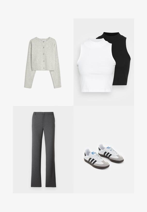 Cardigan cropped grigio chiaro con maniche lunghe, scollo rotondo e cinque bottoni frontali su uno sfondo bianco.; Due top in maglia senza maniche, a collo alto, in nero e bianco, con un design aderente e una superficie liscia, di lunghezza cropped.; Pantaloni grigi con un design a gamba dritta. Realizzati in un tessuto testurizzato, presentano una parte anteriore piatta e passanti per cintura. Nessun motivo o accessorio visibile.; Scarpe sportive con tomaia in pelle bianca, punta in suede grigia e tre strisce nere. Presentano un logo blu sulla linguetta e una suola in gomma testurizzata.