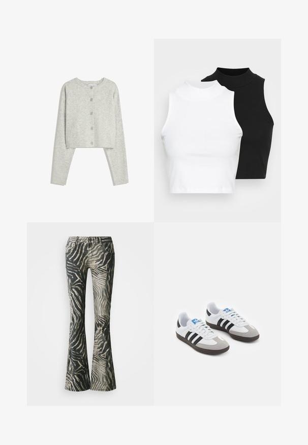 Svijetlosiva skraćena kardigan jakna s dugim rukavima, okruglim dekolteom i pet dugmadi sprijeda na bijeloj pozadini.; Dvije bezrukavne rebraste majice s visokim ovratnikom u crnoj i bijeloj boji, s prilagođenim dizajnom i glatkom teksturom, te skraćenom dužinom.; Rastezane traperice u crno-bež zebrina uzorka, s traper materijalom, dizajnom s pet džepova i vidljivim detaljima šivanja.; Sportske cipele s gornjištem od bijele kože, sivi suedinasti nos i tri crne pruge. Imaju plavi logo na jeziku i teksturiranu gumenu podlogu.