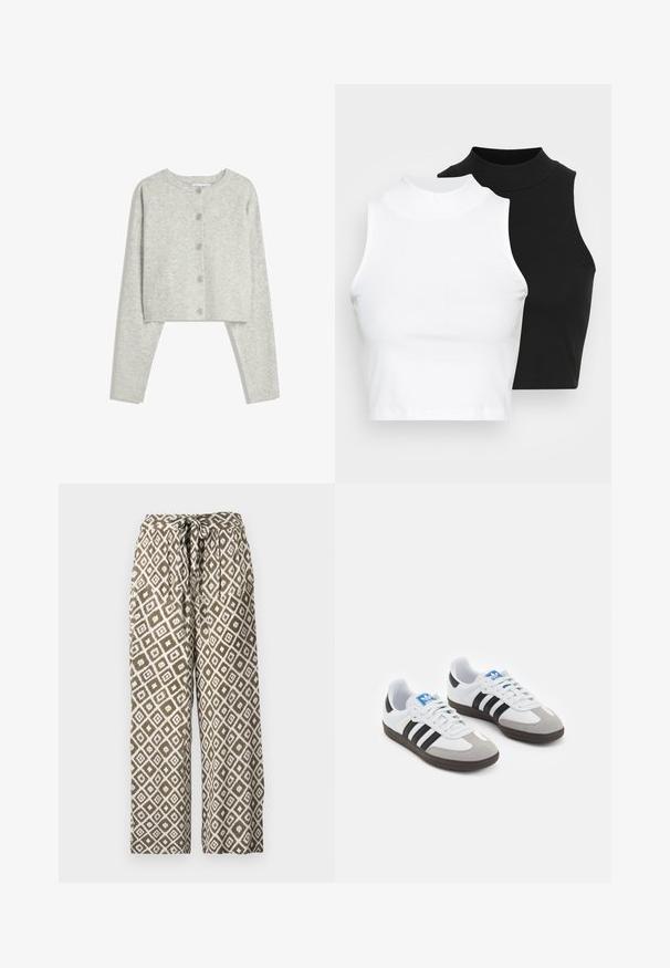 Jasnoszara krótka kardigan z długimi rękawami, okrągłym dekoltem i pięcioma guzikami z przodu na białym tle.; Dwa bezrękawnikowe golfy w kolorze czarnym i białym, charakteryzujące się dopasowanym fasonem i gładką teksturą, o skróconej długości.; Szerokie spodnie w kolorze oliwkowym i białym z nadrukiem. Posiadają wzór w romby oraz talię ze sznurkiem. Wykonane z lekkiego materiału.; Buty sportowe z białą skórzaną cholewką, szarym zamszowym noskiem i trzema czarnymi paskami. Posiadają niebieskie logo na języku oraz teksturowaną gumową podeszwę.