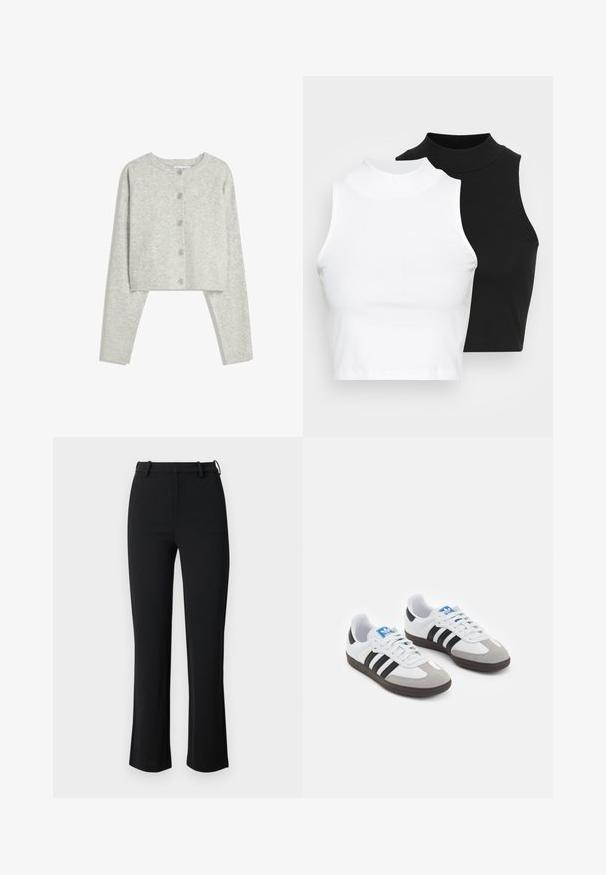 Svijetlosiva skraćena kardigan jakna s dugim rukavima, okruglim dekolteom i pet dugmadi sprijeda na bijeloj pozadini.; Dvije bezrukavne rebraste majice s visokim ovratnikom u crnoj i bijeloj boji, s prilagođenim dizajnom i glatkom teksturom, te skraćenom dužinom.; Crne hlače izrađene od glatkog, rastezljivog materijala, s prilagođenim strukom, petljama za remen i blago proširenim nogavicama sa bočnim prorezima.; Sportske cipele s gornjištem od bijele kože, sivi suedinasti nos i tri crne pruge. Imaju plavi logo na jeziku i teksturiranu gumenu podlogu.
