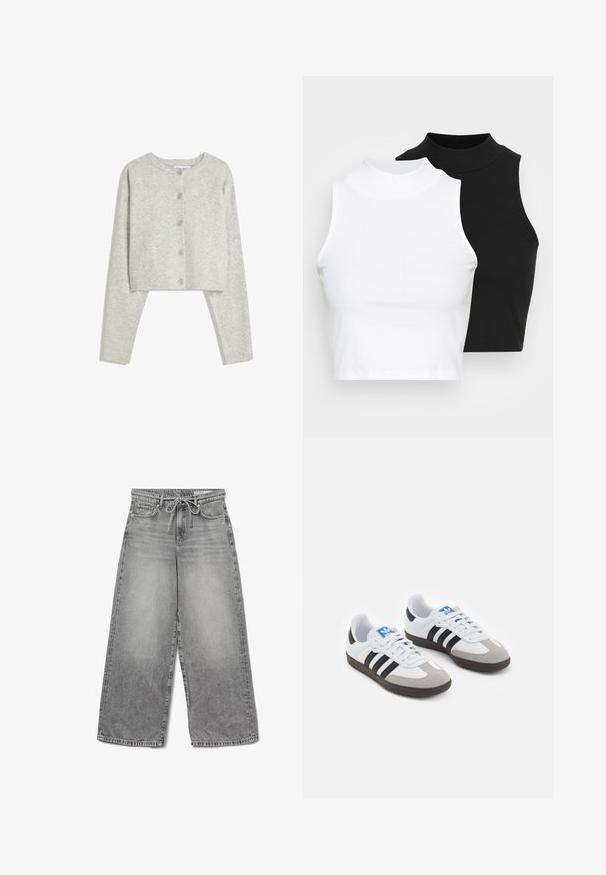 Svetlo siva skrajšana jopica z dolgimi rokavi, okroglim izrezom in petimi sprednjimi gumbi na beli podlagi.; Dva brezrokavniki z rebrasto turtleneck gorami v črni in beli barvi, z oblikovanim dizajnom in gladko teksturo, v skrajšani dolžini.; Sive hlače iz denima širokega kroja s posvetljenim zaključkom, z vrvico za ajustacijo v pasu in tradicionalno zasnovo petih žepov, s vidnimi šivi.; Športni čevlji z belim usnjenim zgornjim delom, sivim semišem na prstih in tremi črnimi črtami. Imajo modro logo na jeziku in teksturiran gumijast podplat.