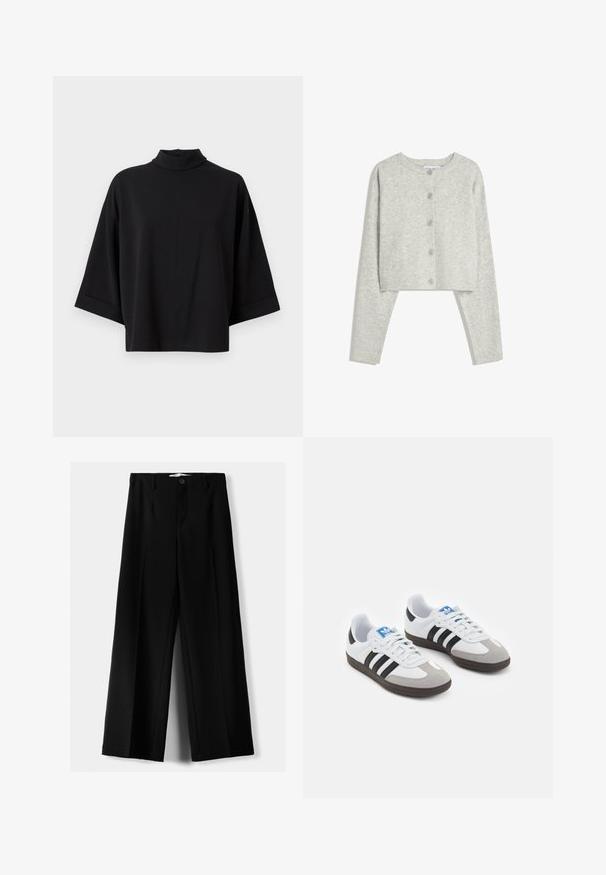 Ljusgrå kort cardigan med långa ärmar, rund halsringning och fem framknappar på en vit bakgrund.; JDY JDYGEGGO LIFE 3/4 HIGHNECK JRS DIA - Blus - black; Svarta vida byxor i lätt material, med knappstängning fram och platt front, samt väl sydda fållar.; Sportskor med överdel i vit läder, grå mocka på tårna och tre svarta ränder. Har en blå logotyp på tungan och en texturerad gummisula.