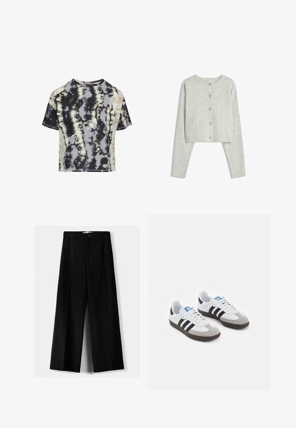 Hellgrauer, kurzer Cardigan mit langen Ärmeln, rundem Halsausschnitt und fünf vorderen Knöpfen auf einem weißen Hintergrund.; Kurze Ärmel, gekürztes T-Shirt aus Baumwolle mit einem Batikmuster in Schwarz, Grau und Beige. Mit rohen Kanten und Rundhalsausschnitt.; Schwarze weite Hosen aus leichtem Stoff, mit einem Knopfverschluss vorne und flachem Bund, mit sorgfältig genähten Säumen.; Sportschuhe mit einem Obermaterial aus weißem Leder, grauer Wildleder-Zehenkappe und drei schwarzen Streifen. Sie verfügen über ein blaues Logo auf der Zunge und eine strukturierte Gummisohle.