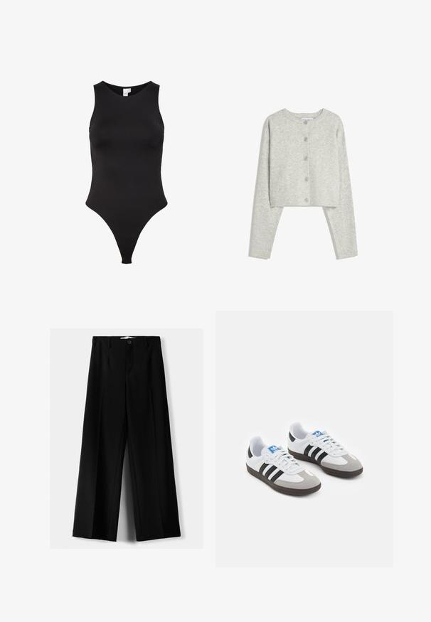 Ljusgrå kort cardigan med långa ärmar, rund halsringning och fem framknappar på en vit bakgrund.; Svart ärmlös bodysuit med hög halsringning, tillverkad av ett mjukt tyg. Har en stringtrosdesign för minimal täckning bak.; Svarta vida byxor i lätt material, med knappstängning fram och platt front, samt väl sydda fållar.; Sportskor med överdel i vit läder, grå mocka på tårna och tre svarta ränder. Har en blå logotyp på tungan och en texturerad gummisula.