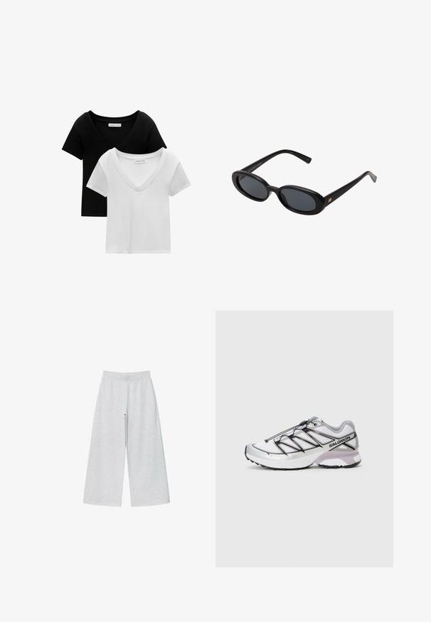 Light gray cropped cardigan with long sleeves, round neckline, and five front buttons on a white background.; Pack of two V-neck t-shirts in black and white. Short sleeves, made of soft cotton fabric, featuring stitched trim and relaxed fit.; Light gray wide-leg pants made of soft fabric with an elastic waistband. The design features a loose fit for comfort and ease of movement.; Running shoe with a lightweight, white mesh upper, silver accents, and black lacing system; features a textured sole for traction.; Black oversized sunglasses with oval lenses, smooth plastic frame, and gold accents on temple. Dark lenses provide sun protection.; Dark brown suede shoulder bag with adjustable strap, gold-tone hardware, and a large front flap closure.