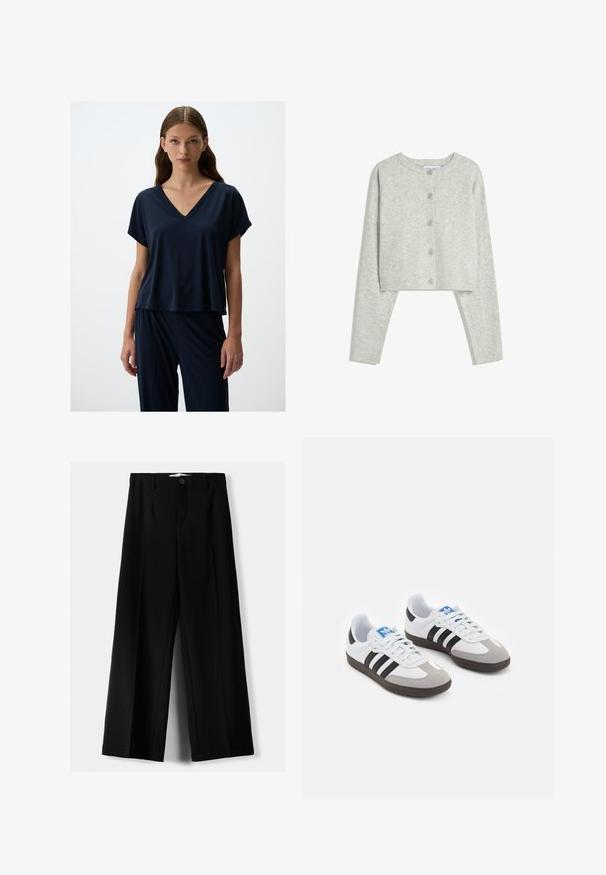 Hellgrauer, kurzer Cardigan mit langen Ärmeln, rundem Halsausschnitt und fünf vorderen Knöpfen auf einem weißen Hintergrund.; Marineblaues Kurzarmoberteil mit V-Ausschnitt, aus weichem Stoff, mit lockerer Passform und glatter Textur, kombiniert mit passenden dunklen Hosen.; Schwarze weite Hosen aus leichtem Stoff, mit einem Knopfverschluss vorne und flachem Bund, mit sorgfältig genähten Säumen.; Sportschuhe mit einem Obermaterial aus weißem Leder, grauer Wildleder-Zehenkappe und drei schwarzen Streifen. Sie verfügen über ein blaues Logo auf der Zunge und eine strukturierte Gummisohle.