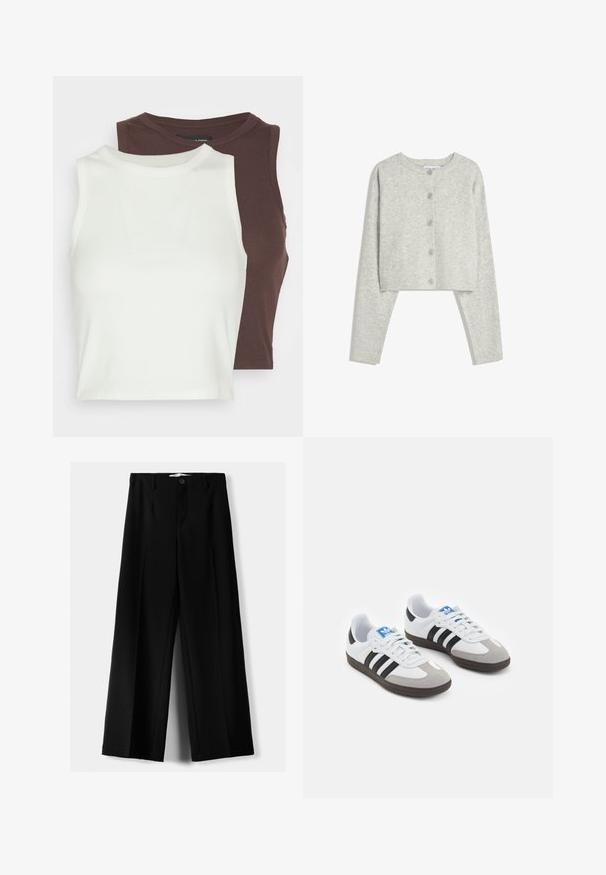 Svijetlosiva skraćena kardigan jakna s dugim rukavima, okruglim dekolteom i pet dugmadi sprijeda na bijeloj pozadini.; Dva rebrasta, bezrukavna topa u bijeloj i tamnosmeđoj boji. Obojica imaju visoki izrez i mekani, rastezljivi materijal, idealni za slojevito nošenje.; Crne široke hlače izrađene od lagane tkanine, s prednjim zatvaranjem na dugme i ravnim prednjim dijelom, sa uredno šivenim rubovima.; Sportske cipele s gornjištem od bijele kože, sivi suedinasti nos i tri crne pruge. Imaju plavi logo na jeziku i teksturiranu gumenu podlogu.