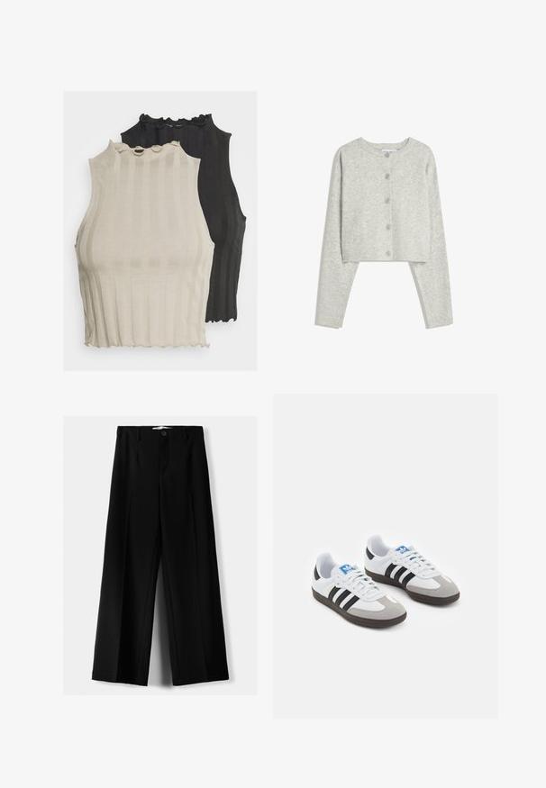 Svetlosivý skrátený kardigan s dlhými rukávmi, okrúhlym výstrihom a piatimi prednými gombíkmi na bielom pozadí.; Sú predvedené dva rebrované bezrukávové topy, jeden v svetlej béžovej farbe a druhý v čiernej. Oba majú zúbkovaný výstrih a priliehavý strih.; Čierne široké nohavice z ľahkého materiálu, s predným zapínaním na gombík a plochým predným dielom, s pekne ušitými lemami.; Športové topánky s bielym koženým zvrškom, šedou semišovou špičkou a tromi čiernymi pruhmi. Obsahujú modré logo na jazyku a štruktúrovanú gumovú podrážku.