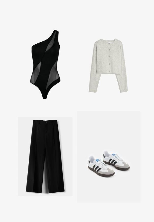 Gilet court gris clair avec des manches longues, un col rond et cinq boutons sur le devant, sur un fond blanc.; Maillot de bain noir à une épaule avec une combinaison de panneaux opaques et transparents, texture lisse et design ajusté.; Pantalons larges noirs en tissu léger, avec une fermeture à bouton à l'avant et un devant plat, dotés d'ourlets soigneusement cousus.; Baskets avec une tige en cuir blanc, un bout en daim gris et trois bandes noires. Présente un logo bleu sur la languette et une semelle en caoutchouc texturée.