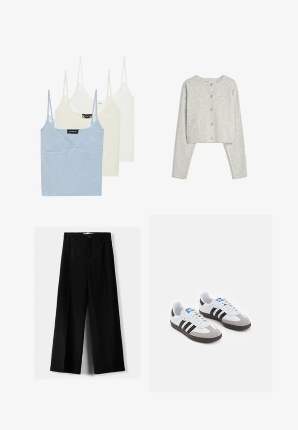 Svijetlosiva skraćena kardigan jakna s dugim rukavima, okruglim dekolteom i pet dugmadi sprijeda na bijeloj pozadini.; Tri bežični topovi: svijetloplavi, krem i bijeli. Napravljeni od mekog materijala s čipkastim rubom duž izreza i tankim podesivim naramenicama.; Crne široke hlače izrađene od lagane tkanine, s prednjim zatvaranjem na dugme i ravnim prednjim dijelom, sa uredno šivenim rubovima.; Sportske cipele s gornjištem od bijele kože, sivi suedinasti nos i tri crne pruge. Imaju plavi logo na jeziku i teksturiranu gumenu podlogu.
