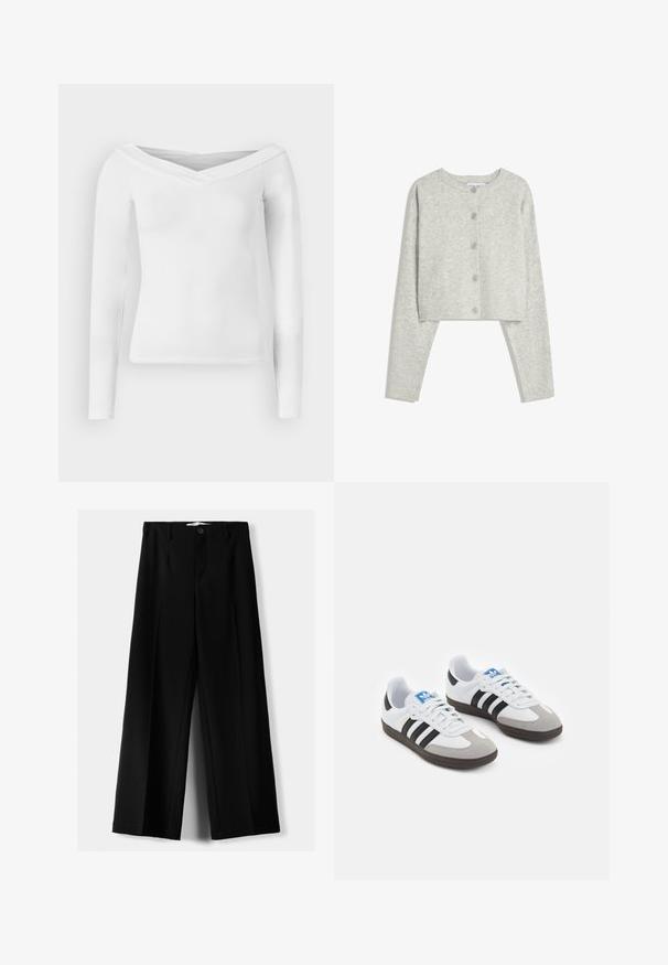 Világosszürke rövidített kardigán hosszú ujjakkal, kerek nyakkivágással és öt elülső gombbal fehér háttéren.; Fehér, hosszú ujjú felső, lecsúsztatott vállú, V-nyakú kialakítással. Simább, rugalmas anyagból készült, testre simuló sziluettel és látható minták nélkül.; Fekete, bő szárú nadrág, könnyű anyagból, elöl gombos záródással és sima elfröccsenésű fazonnal, szépen varrott szegélyekkel.; Fehér bőr felsőrészes sportcipő, szürke velúrból készült orral és három fekete csíkkal. Jellemzője a kék logó a nyelvén és egy texturált gumitalp.