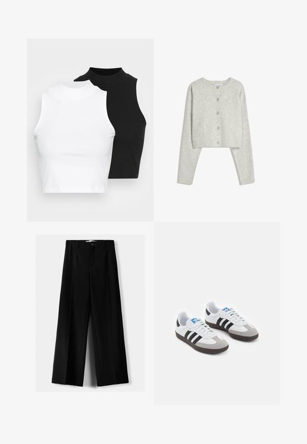 Jasnoszara krótka kardigan z długimi rękawami, okrągłym dekoltem i pięcioma guzikami z przodu na białym tle.; Dwa bezrękawnikowe golfy w kolorze czarnym i białym, charakteryzujące się dopasowanym fasonem i gładką teksturą, o skróconej długości.; Czarne spodnie szerokie, wykonane z lekkiego materiału, z zapięciem na guzik z przodu i gładkim przodem, z starannie wykończonymi brzegami.; Buty sportowe z białą skórzaną cholewką, szarym zamszowym noskiem i trzema czarnymi paskami. Posiadają niebieskie logo na języku oraz teksturowaną gumową podeszwę.