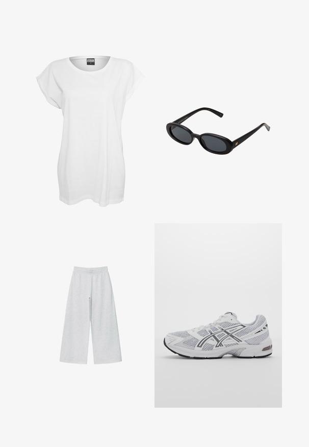 Lys grå cropped cardigan med lange ærmer, rund halsudskæring og fem frontknapper på en hvid baggrund.; Hvid kortærmet t-shirt lavet af bomuld, med en afslappet pasform, bred halsudskæring og minimalistisk design uden mønstre eller accenter.; Lys grå vidtgående bukser lavet af blødt stof med elastisk talje. Designet har en løs pasform for komfort og bevægelsesfrihed.; Hvide mesh sportssko med grå detaljer, struktureret design, snøresystem, polstret krave og gummisål for bedre greb.; Store store