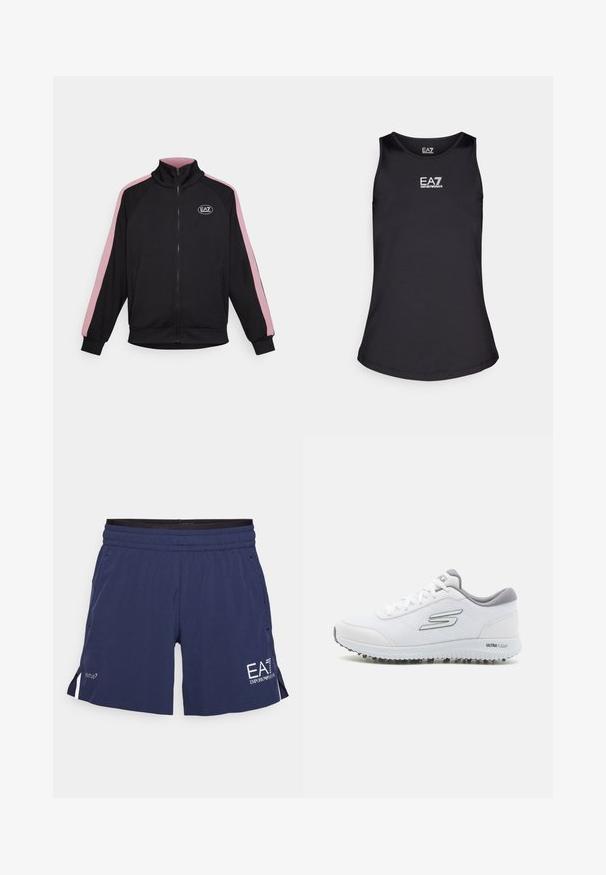 Μαύρο ζακέτα με φερμουάρ και ψηλό γιακά, αντίθετες ροζ ρίγες στα πλάγια και λογότυπο. Φτιαγμένο από μαλακό υλικό με ραμμένα μανίκια και κάτω μέρος.; Μαύρη αμάνικη μπλούζα φτιαγμένη από απαλό ύφασμα. Διαθέτει στρογγυλή λαιμόκοψη και λευκό λογότυπο EA7 στο στήθος. Απλός σχεδιασμός, χωρίς μοτίβα.; Ναυτικό μπλε αθλητικές βερμούδες με ελαστική μέση, πλαϊνές τσέπες και λευκές λεπτομέρειες λογότυπου. Φτιαγμένες από ελαφρύ, αναπνεύσιμο υλικό.; Λευκά αθλητικά παπούτσια με πλέγμα υφής, ασημένιες λεπτομέρειες και ελαφρύ πέλμα που διαθέτει μικρές προεξοχές πρόσφυσης, ετικέτα "ULTRA FLIGHT."