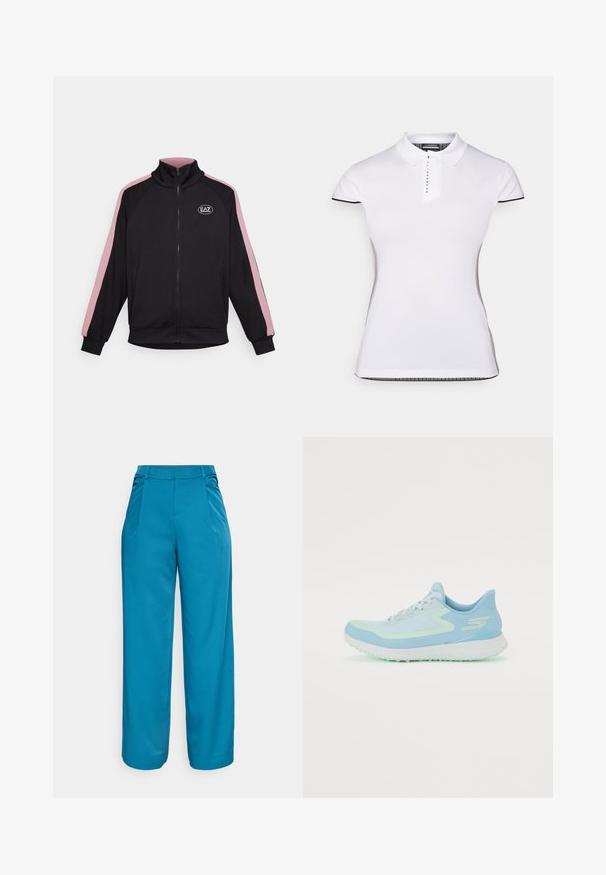 Črna zip-up jakna z visokim ovratnikom, kontrastnimi roza stranskimi črtami in značko. Narejena iz mehkega blaga z rebrastimi manšetami in robom.; Bela polo majica s kratkimi rokavi, ovratnikom in sprednjim gumbom. Črne podrobnosti na rokavih in stranskih šivih. Mehka, gladka tekstura.; Široke hlače v živahni teal barvi, izdelane iz gladkega materiala. Imajo sprednje gubice, pas srednje višine in brez vidnih žepov.; Svjetloplave atletske cipele s mrežastim gornjim dijelom, zaobljenim vrhom, podstavljenim đonom i reflektirajućim akcentima. Imaju vezice i potporni petni dio.
