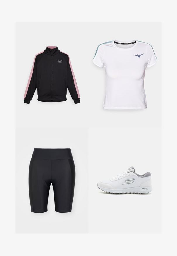 Must mustaga, millel on kõrge kaelus, kontrastsete roosa külje triipudega ja logoplekiga. Valmistatud pehmest kangast, millel on soonikkoes mansetid ja alumine äär.; Valge sportlik T-särk, sobiva disainiga, lühikeste varrukatega, kontrastsete siniste õlavarre aksessuaaridega ja musta riba, millel on brändi nimi.; Mustad mustad lühikesed püksid, mis on valmistatud venivast materjalist. Omab kõrget pihikut ja polsterdatud ümmargust detaili esiküljel. Sile tekstuur.; Valged spordisussid tekstuurses võrgusüvas, hõbedased detailid ja kerge tallaga, kus on väikesed haardepunktid, märgitud "ULTRA FLIGHT."