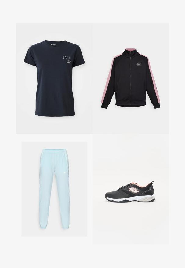 Μαύρο ζακέτα με φερμουάρ και ψηλό γιακά, αντίθετες ροζ ρίγες στα πλάγια και λογότυπο. Φτιαγμένο από μαλακό υλικό με ραμμένα μανίκια και κάτω μέρος.; Μπλε σκούρο βαμβακερό T-shirt με στρογγυλή λαιμόκοψη, με διακοσμητικό σχέδιο από μικρές ασημένιες ριζόλιθους στην αριστερή περιοχή του στήθους. Κοντά μανίκια, κανονική εφαρμογή.; Αθλητικά παντελόνια ανοιχτού μπλε χρώματος, φτιαγμένα από μαλακό ύφασμα, με ελαστική μέση, στενούς μηρούς και λευκό λογότυπο στο αριστερό μηρό.; Μαύρο αθλητικό παπούτσι με επάνω από διχτυωτό υλικό, λευκές και ανοιχτό ροζ λεπτομέρειες, σχέδιο με κορδόνια και υφή στη σόλα για καλύτερη πρόσφυση. Ελαφρύ και ευλύγιστο.