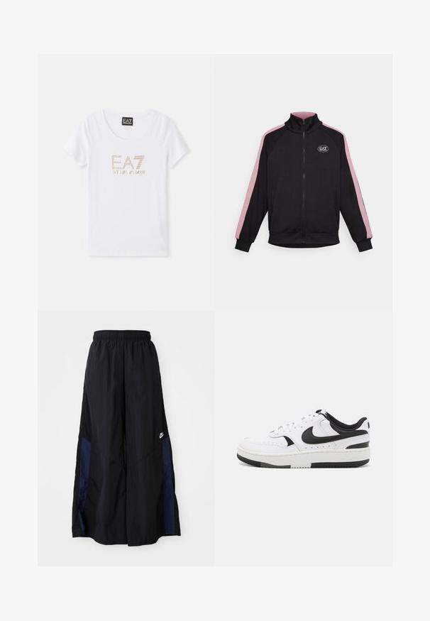Černá zipová bunda s vysokým límcem, kontrastními růžovými bočními pruhy a nášivkou s logem. Vyrobena z měkké látky s žebrovanými manžetami a lemem.; Bílá bavlněná trička s kulatým výstřihem, s umístěným zlatým kamínkovým logem "EA7 EMPORIO ARMANI" na přední straně.; Černé kalhoty širokého střihu vyrobené z lehkého materiálu, s námořnickou modrou bočním panelem a elastickým pasem. Malé bílé logo na spodní části.; Bílé tenisky s černými akcenty, syntetický kožený materiál, kulatá špička, polstrovaná podrážka a perforované detaily na bocích.
