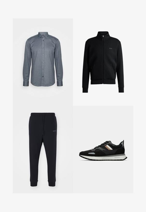 Sweatshirt preto com fecho e colar alto, punhos canelados e bolsos laterais. Apresenta um discreto logótipo "BOSS" no lado esquerdo do peito. Tecido suave.; Camisa de botão de mangas longas em tecido cinza escuro, com colarinho, botões na frente e punhos. Textura suave com um design ajustado.; Calças de fato pretas feitas de material macio, com uma cintura elástica, cordão e pernas ajustadas. Apresenta um pequeno logotipo de lado.; Shoe de corrida preto com uma superfície texturizada, detalhes cinza claro e três riscas horizontais em castanho. Apresenta uma sola branca acolchoada.
