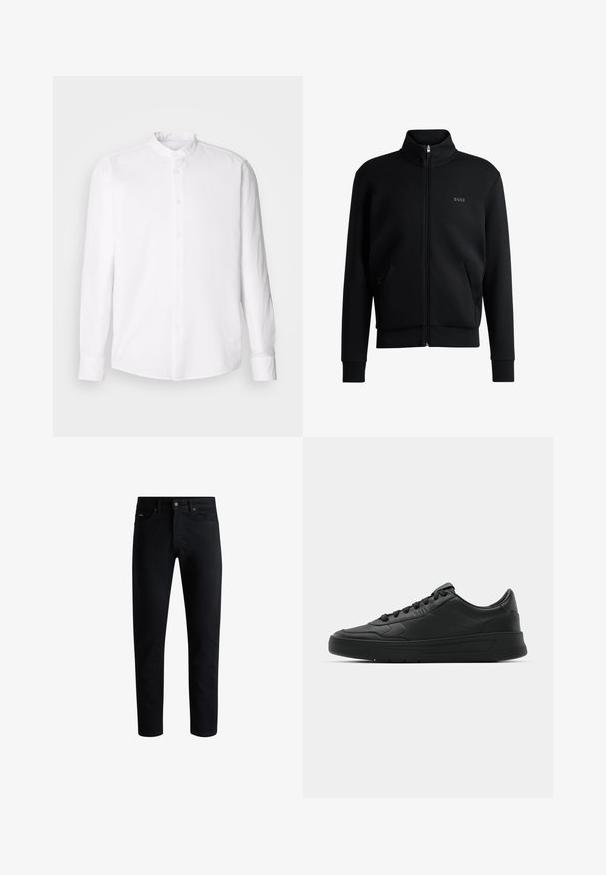 Sudadera negra con cremallera y cuello alto, puños acanalados y bolsillos laterales. Presenta un discreto logo "BOSS" en el lado izquierdo del pecho. Tejido suave.; Camisa blanca de manga larga con cuello recto, con cierre de botones en la parte delantera, tejido texturizado y corte clásico. Sin patrones ni acentos visibles.; Vaqueros ajustados negros con cinco bolsillos, cierre de botón y trabillas para cinturón, exhibidos sobre un fondo blanco.; Zapatilla negra con parte superior de cuero liso, puntera redonda, cordones planos, cuello acolchado y diseño minimalista. Suela de goma con un patrón de relieve sutil.