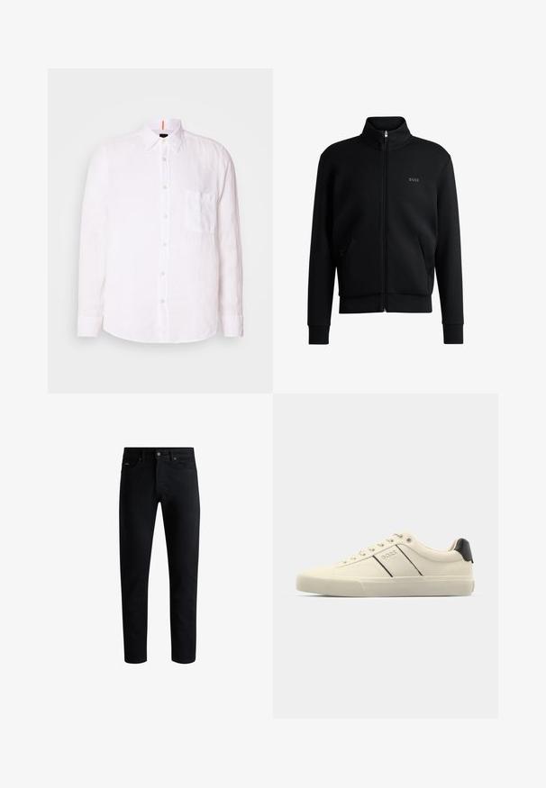 Felpa nera con zip, colletto alto, polsini a coste e tasche laterali. Presenta un discreto logo "BOSS" sul petto sinistro. Tessuto morbido.; Camicia button-up bianca in lino con tasca frontale, colletto a punta e maniche lunghe. Presenta una texture sottile, vestibilità slim e orlo dritto.; Jeans neri slim fit con cinque tasche, chiusura a bottoni e passanti per cintura, esposti su uno sfondo bianco.; Sneaker color crema con una texture liscia, caratterizzate da accenti e marchi neri. Design classico con lacci, punta rotonda e suola in gomma.