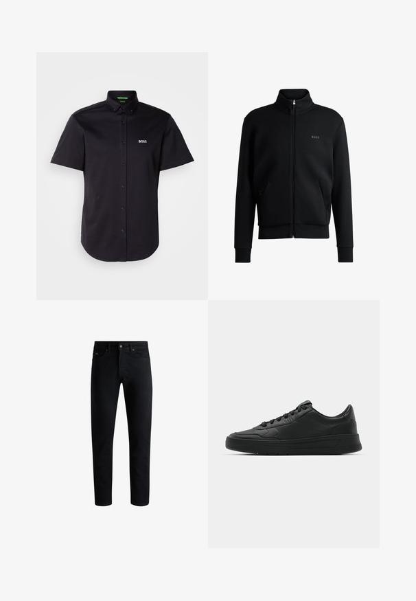 Zwarte zip-up sweatshirt met hoge kraag, geribbelde manchetten en zijzakken. Beschikt over een subtiele "BOSS" logo op de linkerborst. Glad stof.; Zwart T-shirt met korte mouwen van katoen, met een button-down kraag, subtiele logo op de borst en een klassieke rechte zoom.; Zwarte slim-fit jeans met vijf zakken, knoopsluiting en riemlussen, tegen een witte achtergrond gepresenteerd.; Zwarte sneaker met een glad leren bovenwerk, ronde neus, platte veters, gewatteerde kraag en minimalistisch design. Rubberen zool met een subtiel profiel.