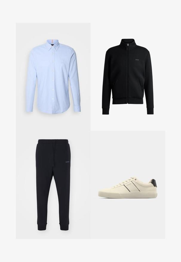 Juodas zip-up megztinis su aukštu apykakle, raukiniais ant rankovių ir šoninėmis kišenėmis. Kairėje krūtinės pusėje yra subtilus "BOSS" logotipas. Lygus audinys.; Šviesiai mėlyna ilgomis rankovėmis marškinėlių su sagomis, pagamintų iš medvilnės, su smailiu apykakle, subtiliu logotipo siuvinėjimu ir klasikiniu sagų dizainu.; Juodos sportinės kelnės, pagamintos iš minkštos medžiagos, su elastinga juosta, raišteliu ir aptemptomis kojomis. Šone yra mažas logotipas.; Kreminių spalvų sportbačiai su lygiu paviršiumi, turintys juodus akcentus ir ženklinimą. Klasikinis raištelių užsegimas su apvaliu pirštu ir guminiu padu.