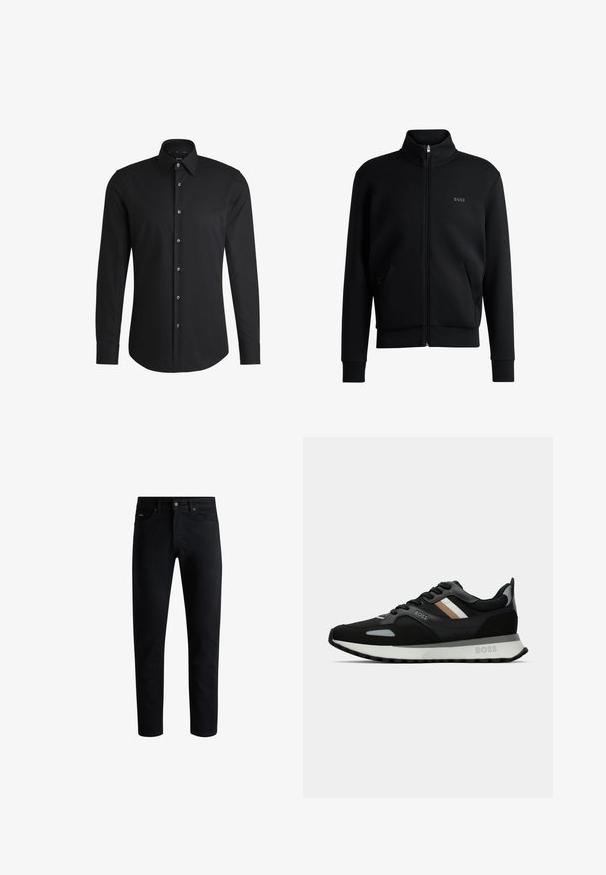 Felpa nera con zip, colletto alto, polsini a coste e tasche laterali. Presenta un discreto logo "BOSS" sul petto sinistro. Tessuto morbido.; Maglietta nera a maniche lunghe realizzata in tessuto liscio, con colletto classico, pattina con bottoni frontale e orlo arrotondato con bottoni in tonalità argento.; Jeans neri slim fit con cinque tasche, chiusura a bottoni e passanti per cintura, esposti su uno sfondo bianco.; Scarpa da corsa nera con superficie testurizzata, dettagli grigio chiaro e tre strisce orizzontali marroni. Presenta una suola bianca imbottita.