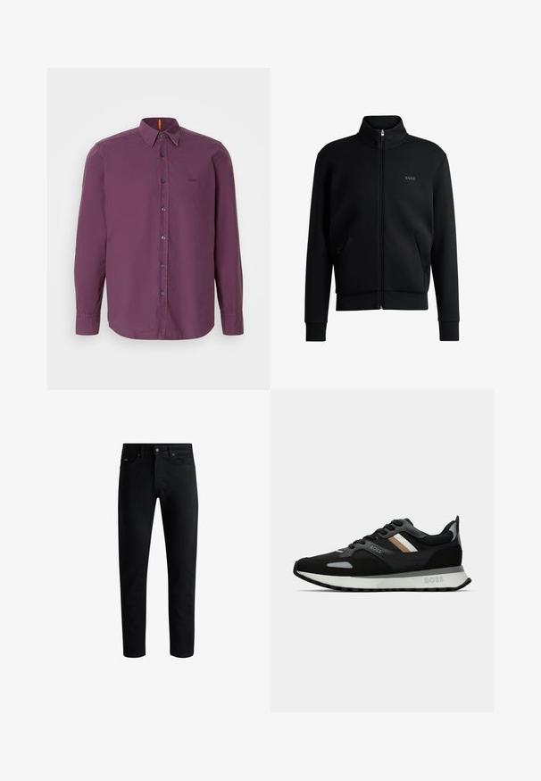 Felpa nera con zip, colletto alto, polsini a coste e tasche laterali. Presenta un discreto logo "BOSS" sul petto sinistro. Tessuto morbido.; Camicia a maniche lunghe con bottoni in tessuto viola scuro. Presenta un colletto classico, bottoni neri e un ricamo del logo discreto sul petto.; Jeans neri slim fit con cinque tasche, chiusura a bottoni e passanti per cintura, esposti su uno sfondo bianco.; Scarpa da corsa nera con superficie testurizzata, dettagli grigio chiaro e tre strisce orizzontali marroni. Presenta una suola bianca imbottita.