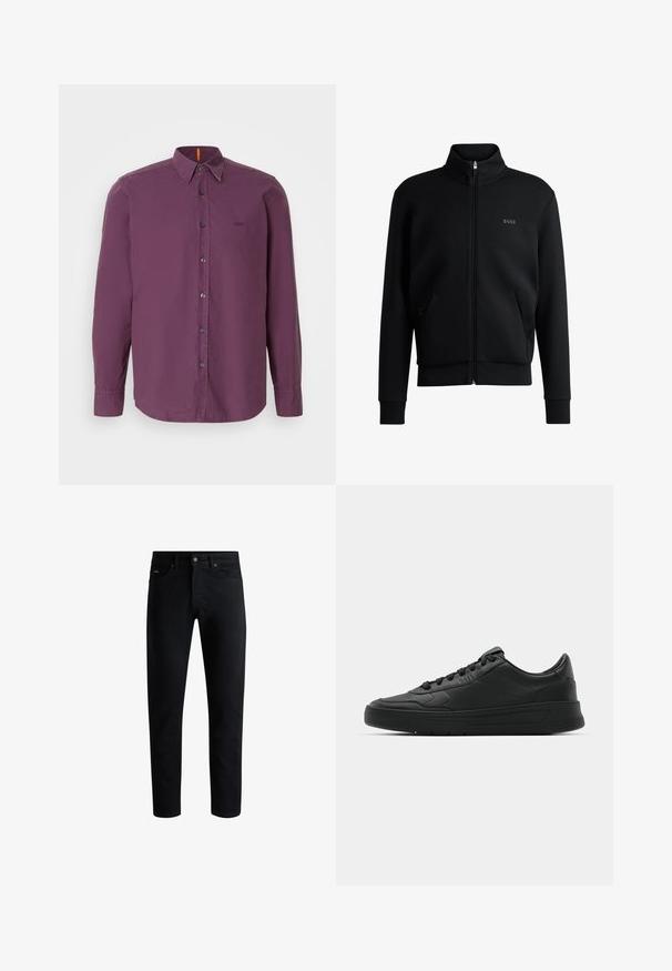 Must-haves mustaja tõmblukkidega kapuutsiga dressipluus, ribakäiste ja küljetaskutega. Vasakul rinnal on peen "BOSS" logo. Sile kangas.; Sügava lilla kangast pikavarrukaline nööbiga särk. Omab klassikalist krae, musti nuppe ja diskreetset logotikkimist rinnal.; Must mustrikot, viie taskuga, nupuga sulgus ja vöökonksudega, esitatud valge tausta ees.; Mustmustel musta nahast ülemise osaga, ümmarguse varbaga, lamest paeltega, pehmendatud kaeluse ja minimalistliku disainiga. Kummist tald, millel on peen tihenemine.