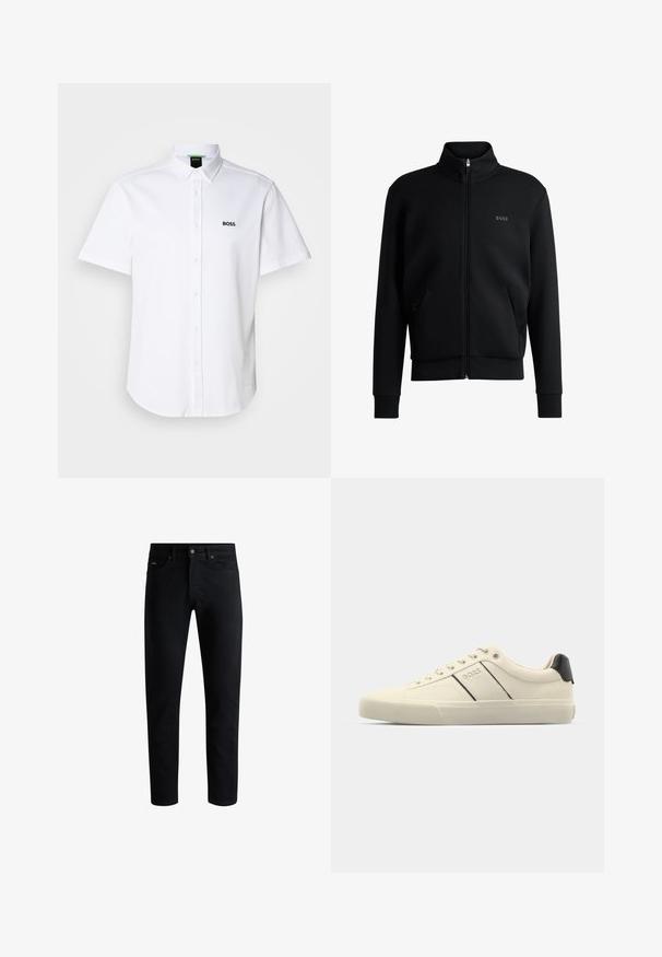 Fekete zipzáras kapucnis pulóver magas gallérral, bordázott mandzsettákkal és oldalsó zsebekkel. Diszkrét "BOSS" logó található a bal melbimen. Simább anyag.; Fehér rövid ujjú pamut ing, gombos gallérral és fekete "BOSS" logóval a bal mellen. Simaság jellemzi.; Fekete, slim-fit farmernadrág, öt zsebbel, gombos záródással és övbújtatókkal, fehér háttér előtt bemutatva.; Krém színű sneakers, sima textúrával, fekete kiegészítőkkel és márkajelzéssel. Klasszikus fűzős dizájn, kerek orral és gumitalppal.
