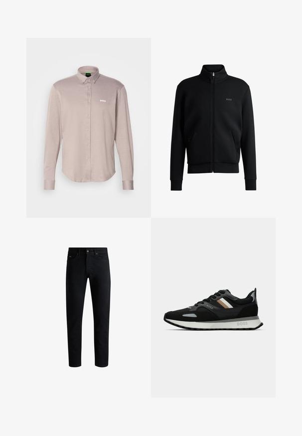 Juodas zip-up megztinis su aukštu apykakle, raukiniais ant rankovių ir šoninėmis kišenėmis. Kairėje krūtinės pusėje yra subtilus "BOSS" logotipas. Lygus audinys.; Šviesiai smėlio spalvos marškiniai iš tekstūruotos medžiagos, su mygtukų apykakle, ilgomis rankovėmis ir mažu balto "BOSS" logotipu ant krūtinės.; Juodos slim fit džinsinės kelnės su penkiomis kišenėmis, mygtukų uždarymu ir diržo kilpomis, parodytos prieš baltą foną.; Juodas bėgimo batelis su struktūrizuota paviršiumi, šviesiai pilkomis akcentais ir trimis horizontaliosiomis rudo atspalvio juostomis. Savyje turi baltą paminkštintą padu.