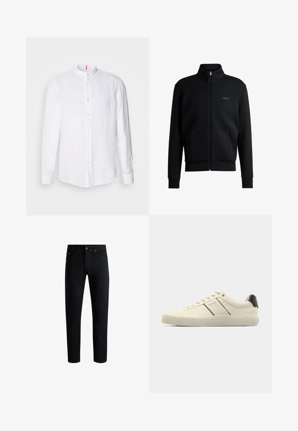 Felpa nera con zip, colletto alto, polsini a coste e tasche laterali. Presenta un discreto logo "BOSS" sul petto sinistro. Tessuto morbido.; Camicia bianca di lino con colletto alla mandarino, chiusura frontale con bottoni, maniche lunghe e una trama sottile. Accento arancione evidente sul colletto.; Jeans neri slim fit con cinque tasche, chiusura a bottoni e passanti per cintura, esposti su uno sfondo bianco.; Sneaker color crema con una texture liscia, caratterizzate da accenti e marchi neri. Design classico con lacci, punta rotonda e suola in gomma.
