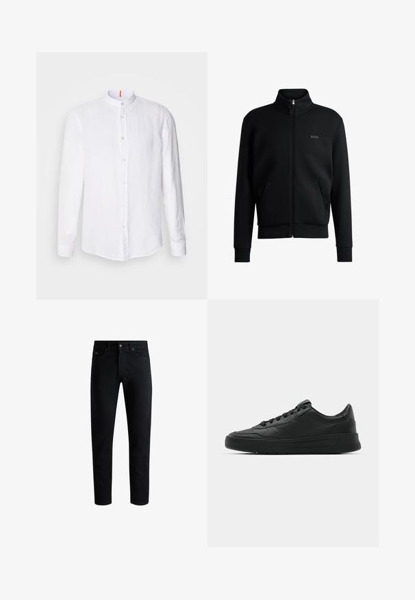 Svart zip-up sweatshirt med hög krage, ribbade manschetter och sidofickor. Har en diskret "BOSS"-logotyp på vänster bröst. Slätt tyg.; Vit linneskjorta med mandarin-krage, framknäppning med knappar, långa ärmar och en subtil struktur. Noterbar orange accent på kragen.; Svarta slim-fit jeans med fem fickor, knäppning med knapp och bälteshällor, visade mot en vit bakgrund.; Svart sneaker med slät läderöverkänsla, rund tå, platta snören, vadderad krage och minimalistisk design. Gummisula med subtilt mönster.