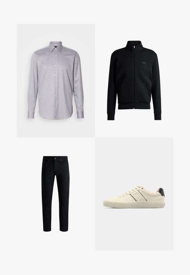 Musta vetoketjullinen huppari, jossa on korkea kaulus, ribattu hihansuu ja sivutaskut. Vasemmassa rinnassa on hillitty "BOSS"-logo. Vaatteen pinta on sileä.; Vaaleanlila pitkähihaisen paidan, jossa on napillinen kaulus, hienovarainen tekstuurikuvio ja valkoiset napit edessä.; Musta kapea slim-fit farkut viidellä taskulla, napitettava sulkeminen ja vyölenkit, esitelty valkoista taustaa vasten.; Kermanväriset tennarit, joissa on sileä pinta, mustilla yksityiskohdilla ja brändäyksellä. Klassinen nauhoilla suljettava malli, pyöreä kärki ja kumipohja.